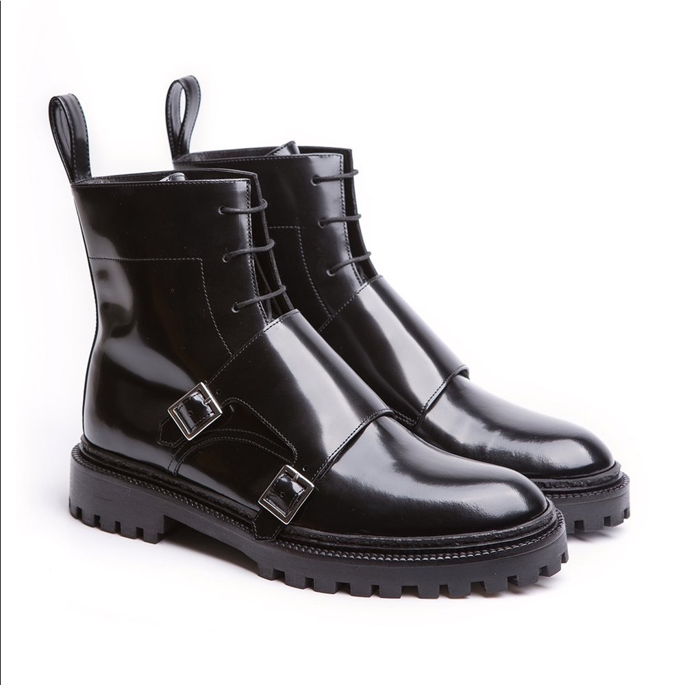 Inch2 - Black Leather Combat Moto Boots with Buckle Detail